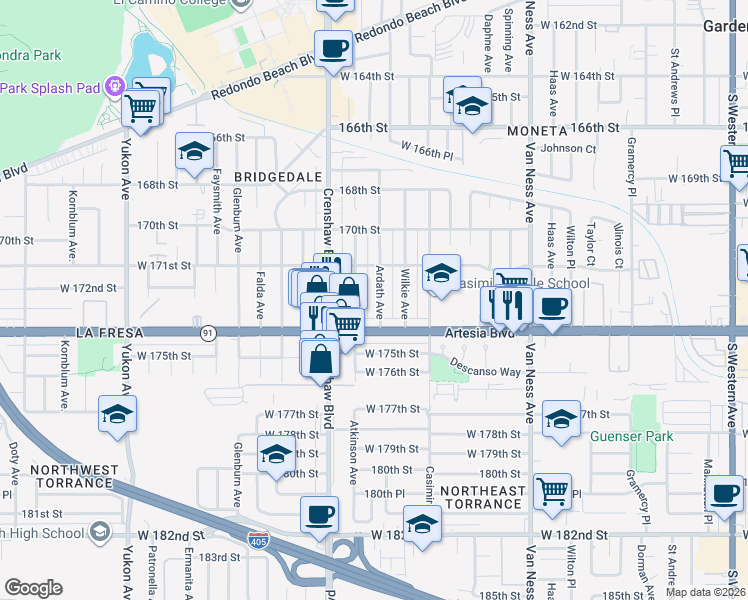 map of restaurants, bars, coffee shops, grocery stores, and more near 17229 Ardath Avenue in Torrance