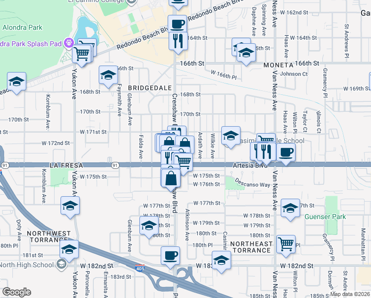 map of restaurants, bars, coffee shops, grocery stores, and more near 17208 Crenshaw Boulevard in Torrance