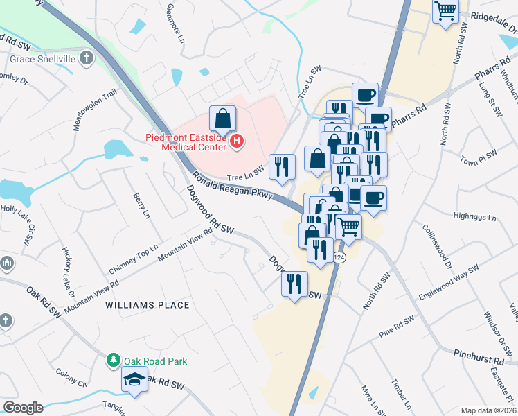 map of restaurants, bars, coffee shops, grocery stores, and more near 1814 Dogwood Court Southwest in Snellville