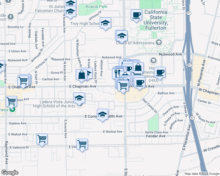 map of restaurants, bars, coffee shops, grocery stores, and more near 2220 East Chapman Avenue in Fullerton