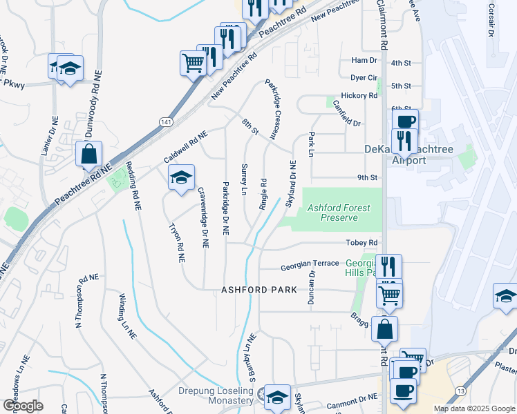 map of restaurants, bars, coffee shops, grocery stores, and more near 2930 Ringle Road in Chamblee