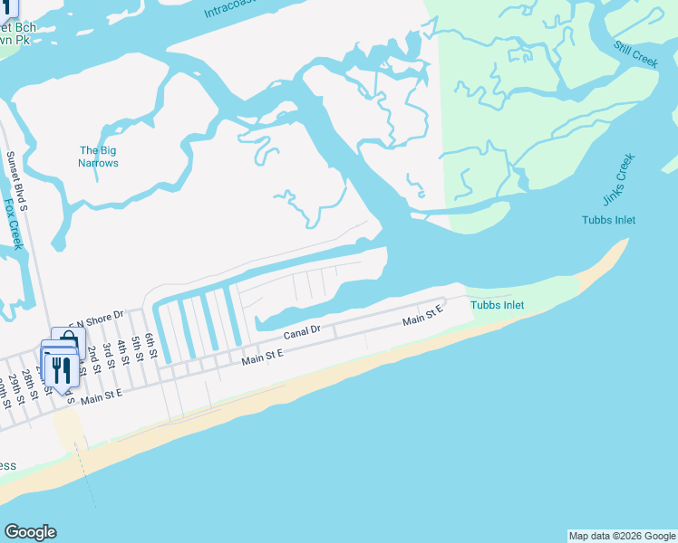 map of restaurants, bars, coffee shops, grocery stores, and more near 1510 North Shore Drive in Sunset Beach