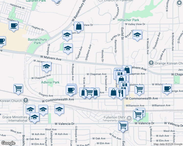 map of restaurants, bars, coffee shops, grocery stores, and more near 413 Michael Avenue in Fullerton