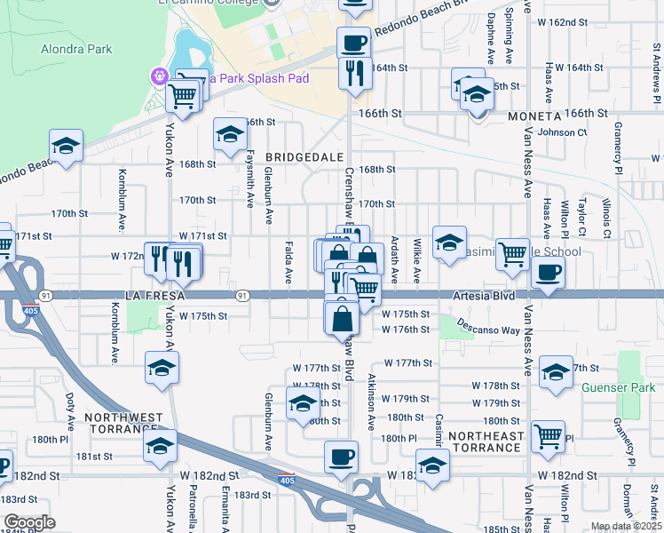map of restaurants, bars, coffee shops, grocery stores, and more near 17208 Delia Avenue in Torrance