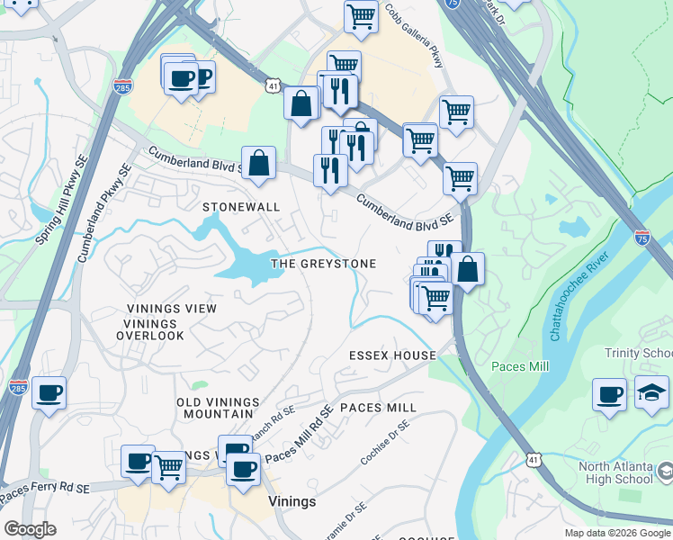 map of restaurants, bars, coffee shops, grocery stores, and more near 3280 Stillhouse Lane Southeast in Atlanta