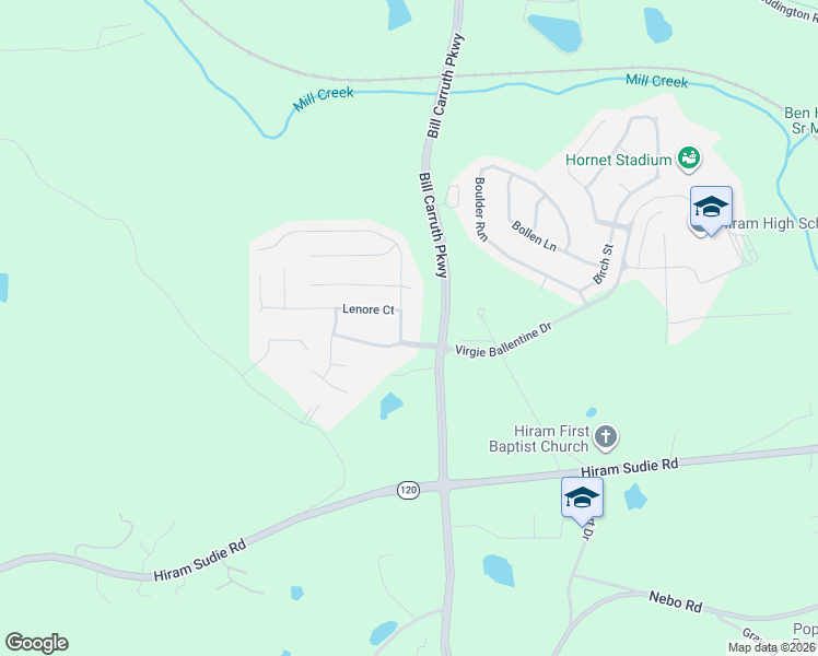 map of restaurants, bars, coffee shops, grocery stores, and more near 32 Lanier Court in Hiram