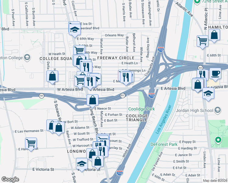 map of restaurants, bars, coffee shops, grocery stores, and more near 238 East Artesia Boulevard in Long Beach