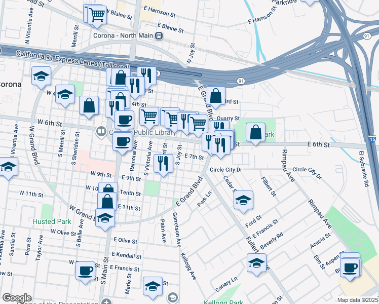 map of restaurants, bars, coffee shops, grocery stores, and more near 510 East 6th Street in Corona