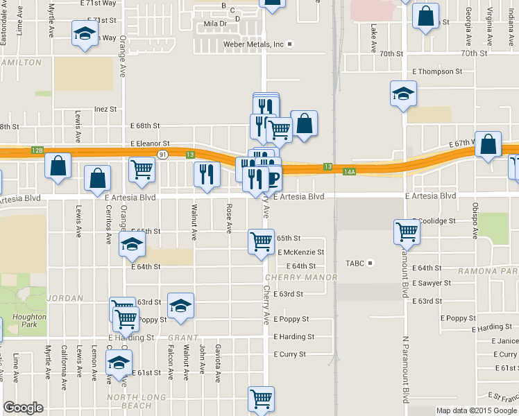 map of restaurants, bars, coffee shops, grocery stores, and more near in Long Beach