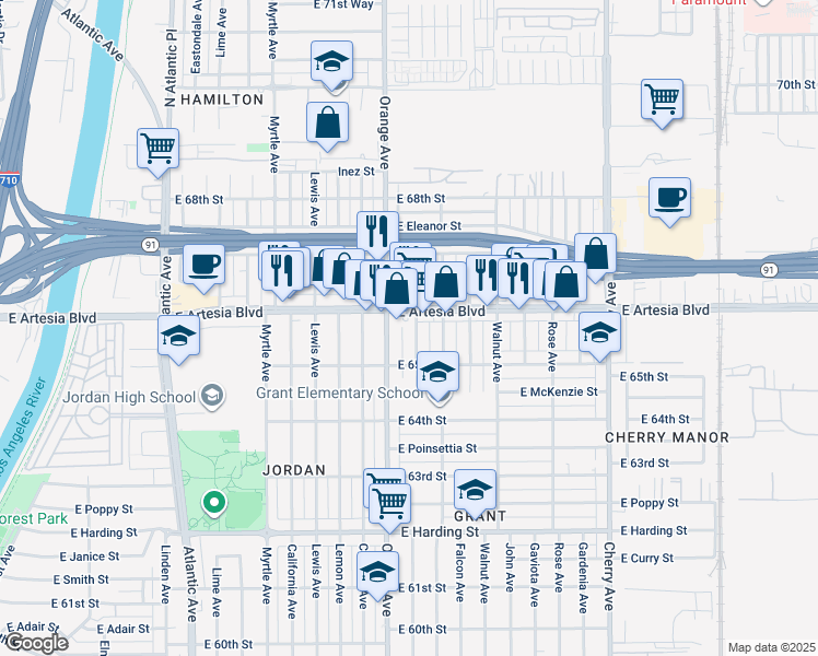 map of restaurants, bars, coffee shops, grocery stores, and more near 1304 East Artesia Boulevard in Long Beach