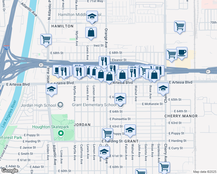 map of restaurants, bars, coffee shops, grocery stores, and more near in Long Beach