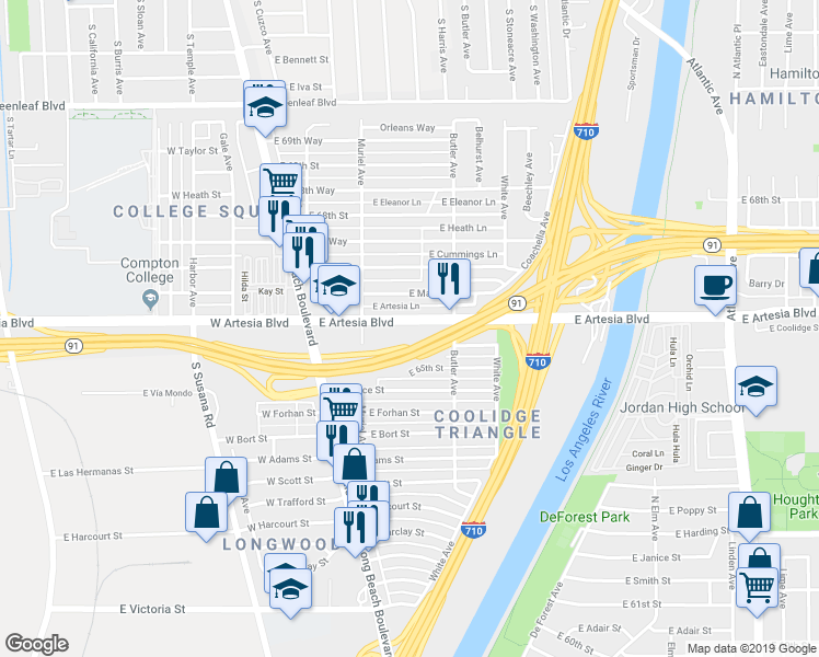 map of restaurants, bars, coffee shops, grocery stores, and more near 255 East Artesia Boulevard in Long Beach