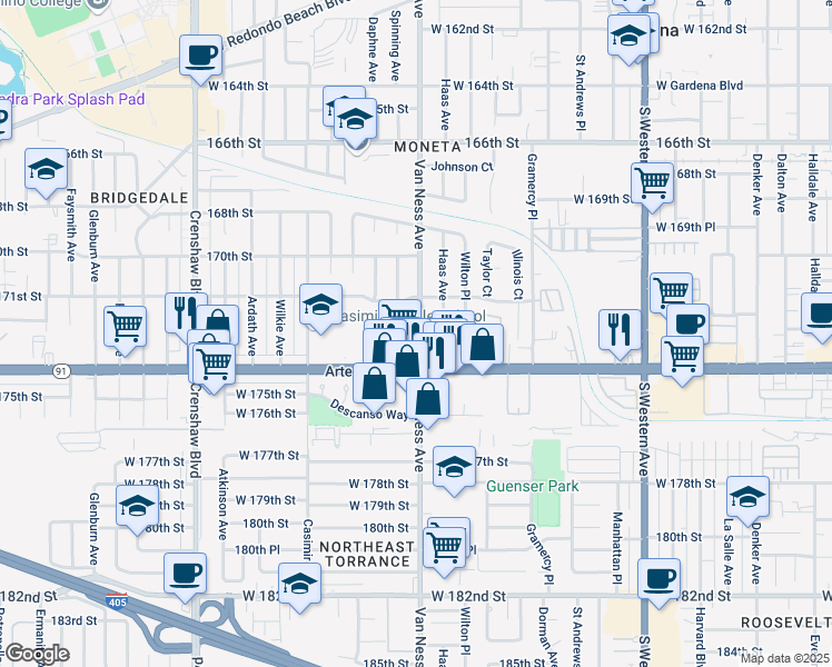map of restaurants, bars, coffee shops, grocery stores, and more near 17128 Spinning Avenue in Torrance