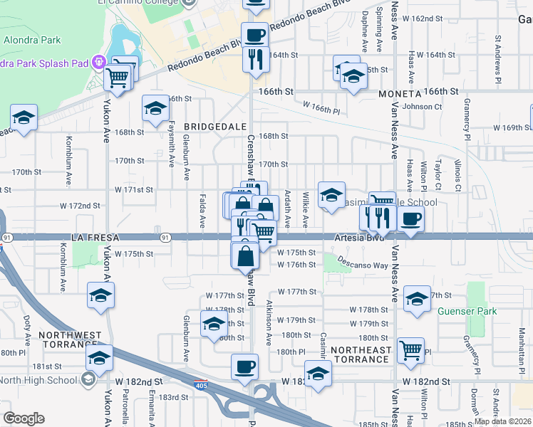 map of restaurants, bars, coffee shops, grocery stores, and more near 17208 Crenshaw Boulevard in Torrance