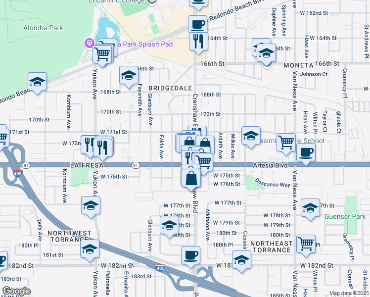 map of restaurants, bars, coffee shops, grocery stores, and more near 17208 Delia Avenue in Torrance
