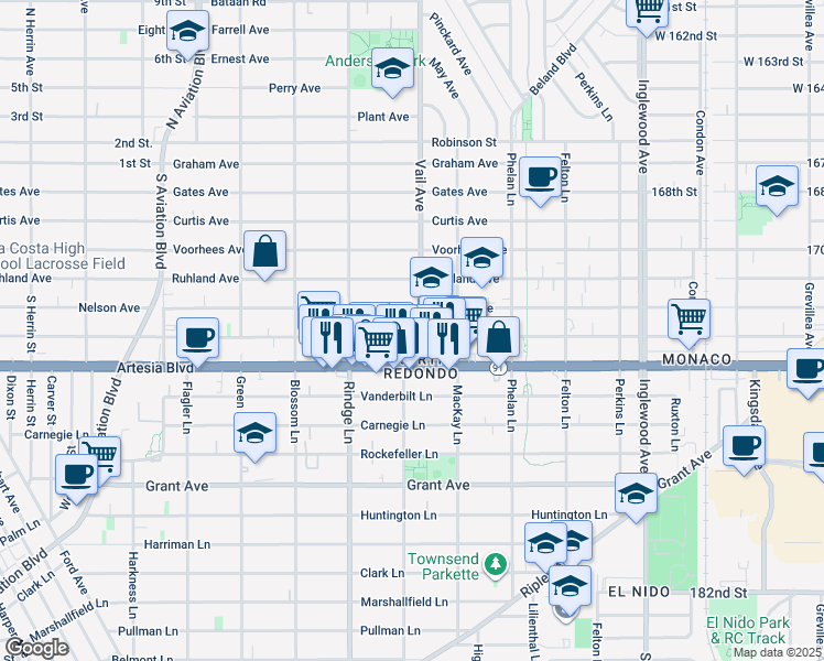 map of restaurants, bars, coffee shops, grocery stores, and more near 2220 Nelson Avenue in Redondo Beach