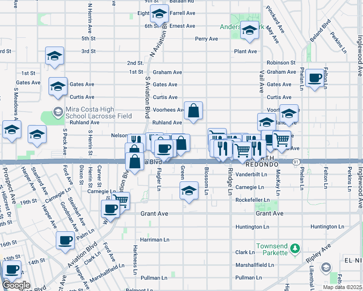 map of restaurants, bars, coffee shops, grocery stores, and more near 1934 Nelson Avenue in Redondo Beach