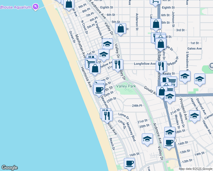 map of restaurants, bars, coffee shops, grocery stores, and more near 318 29th Court in Hermosa Beach