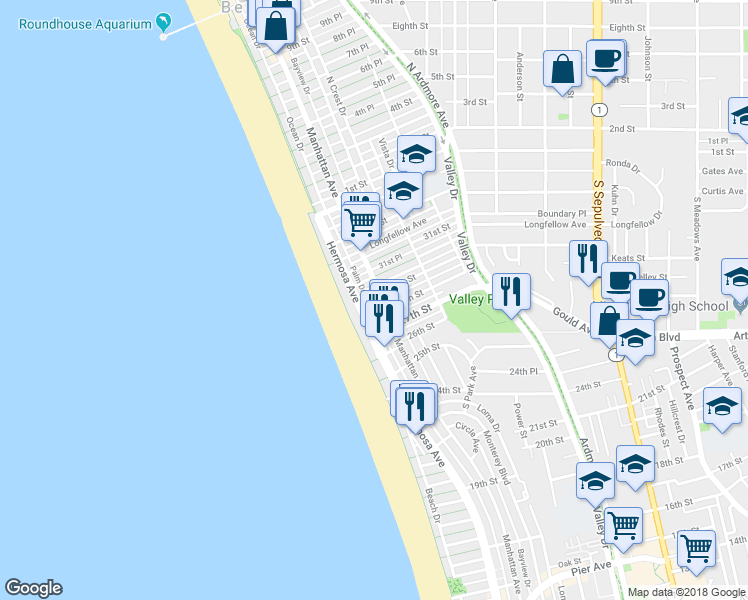 map of restaurants, bars, coffee shops, grocery stores, and more near 14 30th Place in Hermosa Beach
