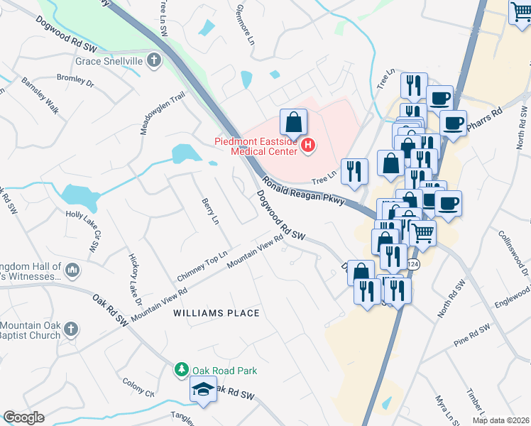 map of restaurants, bars, coffee shops, grocery stores, and more near 1850 Glenhurst Drive in Snellville