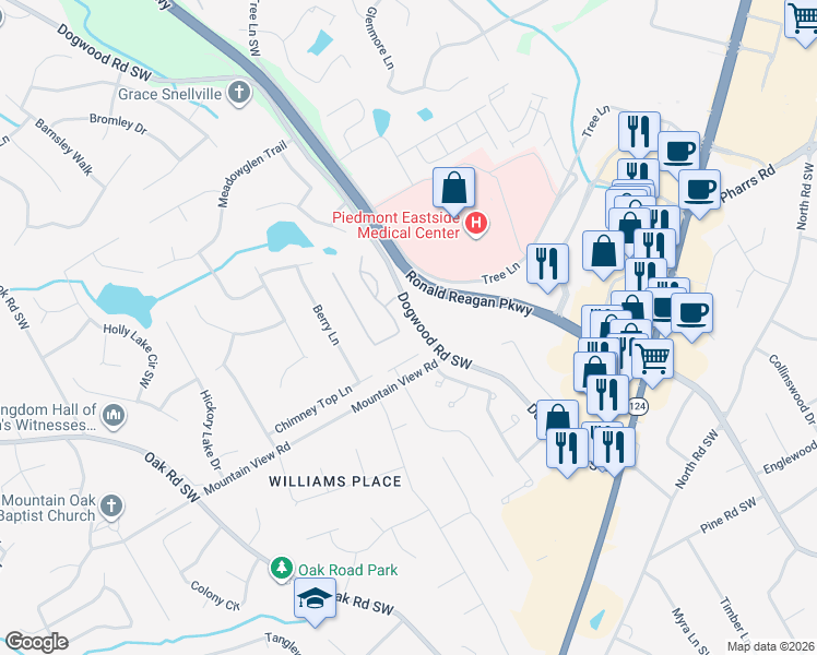map of restaurants, bars, coffee shops, grocery stores, and more near 1850 Glenhurst Drive in Snellville