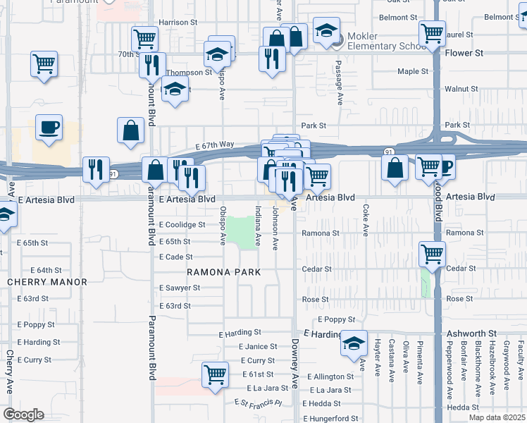 map of restaurants, bars, coffee shops, grocery stores, and more near 6546 Indiana Avenue in Long Beach