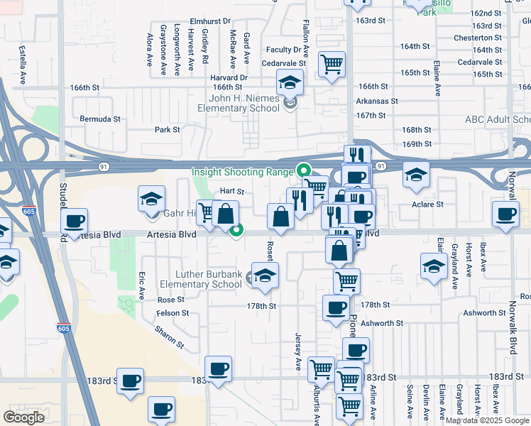 map of restaurants, bars, coffee shops, grocery stores, and more near 17211 Roseton Avenue in Artesia