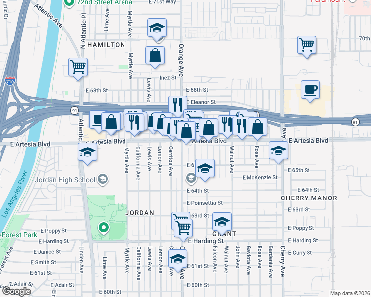 map of restaurants, bars, coffee shops, grocery stores, and more near in Long Beach