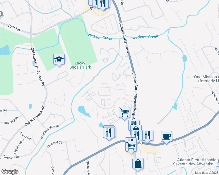 map of restaurants, bars, coffee shops, grocery stores, and more near 1006 Club Parkway in Norcross