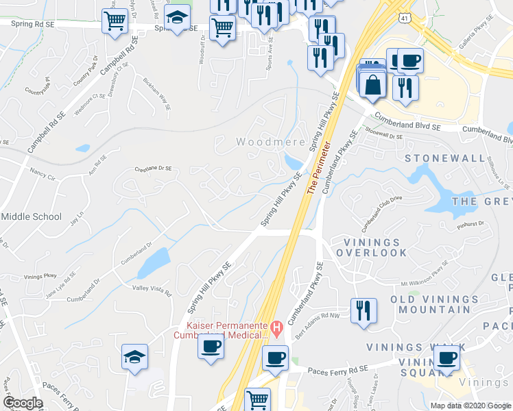 map of restaurants, bars, coffee shops, grocery stores, and more near 2407 Cumberland Court in Smyrna