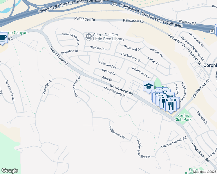 map of restaurants, bars, coffee shops, grocery stores, and more near 3251 Mountainside Drive in Corona