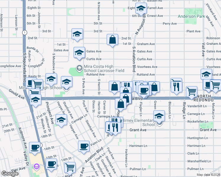 map of restaurants, bars, coffee shops, grocery stores, and more near 1656 Nelson Avenue in Manhattan Beach
