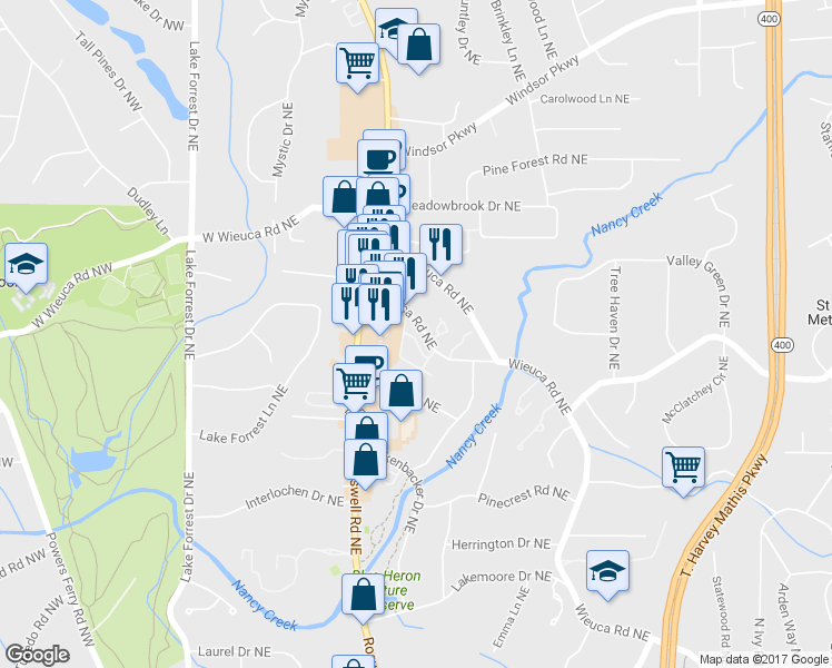 map of restaurants, bars, coffee shops, grocery stores, and more near Wieuca Rd in Atlanta