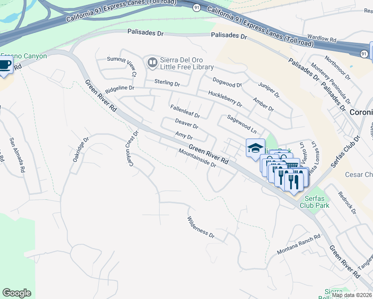 map of restaurants, bars, coffee shops, grocery stores, and more near 3251 Mountainside Drive in Corona