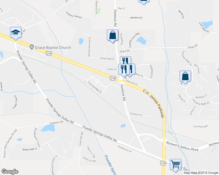 map of restaurants, bars, coffee shops, grocery stores, and more near 5163 Carrington Park Drive in Powder Springs