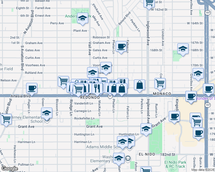 map of restaurants, bars, coffee shops, grocery stores, and more near 2413 Mathews Avenue in Redondo Beach