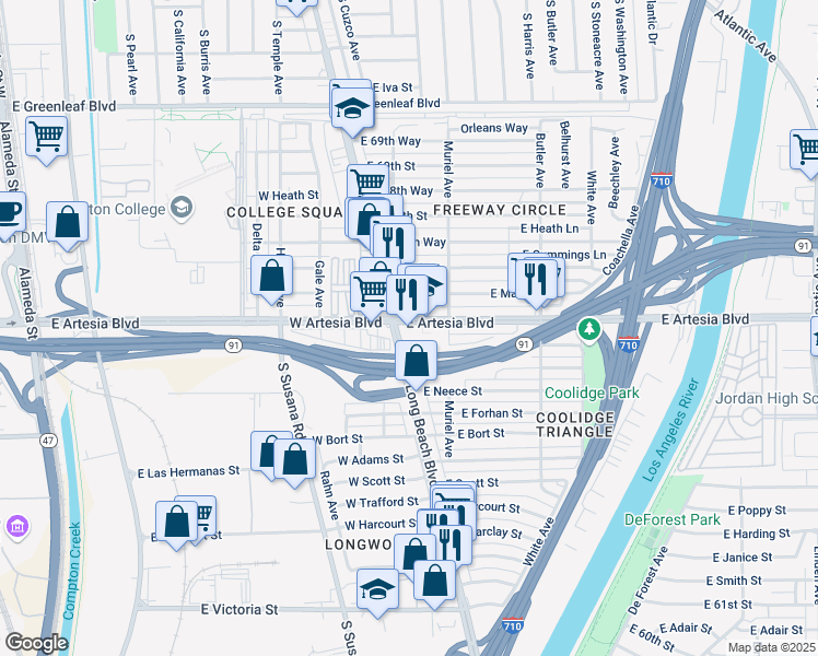 map of restaurants, bars, coffee shops, grocery stores, and more near 145 East Artesia Boulevard in Long Beach