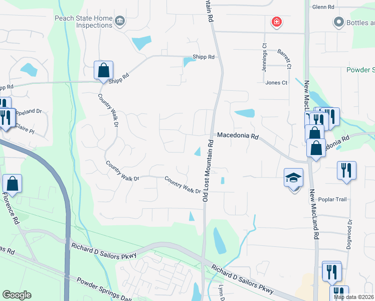 map of restaurants, bars, coffee shops, grocery stores, and more near 3423 Lochness Lane in Powder Springs