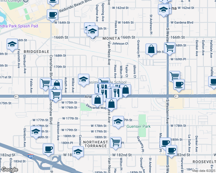 map of restaurants, bars, coffee shops, grocery stores, and more near 17128 Spinning Avenue in Torrance