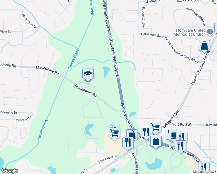 map of restaurants, bars, coffee shops, grocery stores, and more near 2890 Macedonia Road in Powder Springs