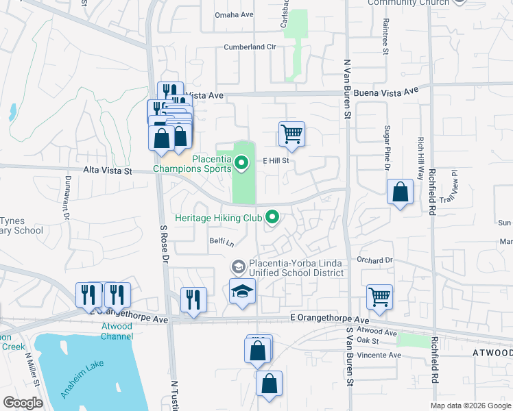 map of restaurants, bars, coffee shops, grocery stores, and more near Alta Vista St & S Jefferson St in Placentia