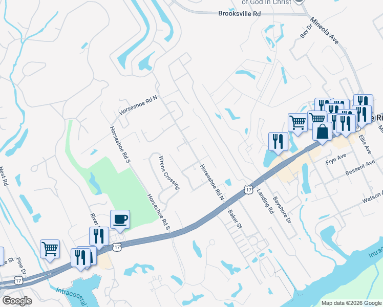 map of restaurants, bars, coffee shops, grocery stores, and more near 4150 Horseshoe Road South in Little River