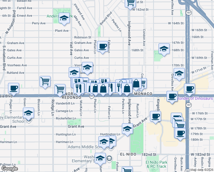 map of restaurants, bars, coffee shops, grocery stores, and more near 2521 Mathews Avenue in Redondo Beach