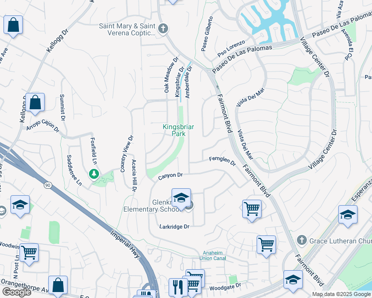 map of restaurants, bars, coffee shops, grocery stores, and more near 5961 Amberdale Drive in Yorba Linda