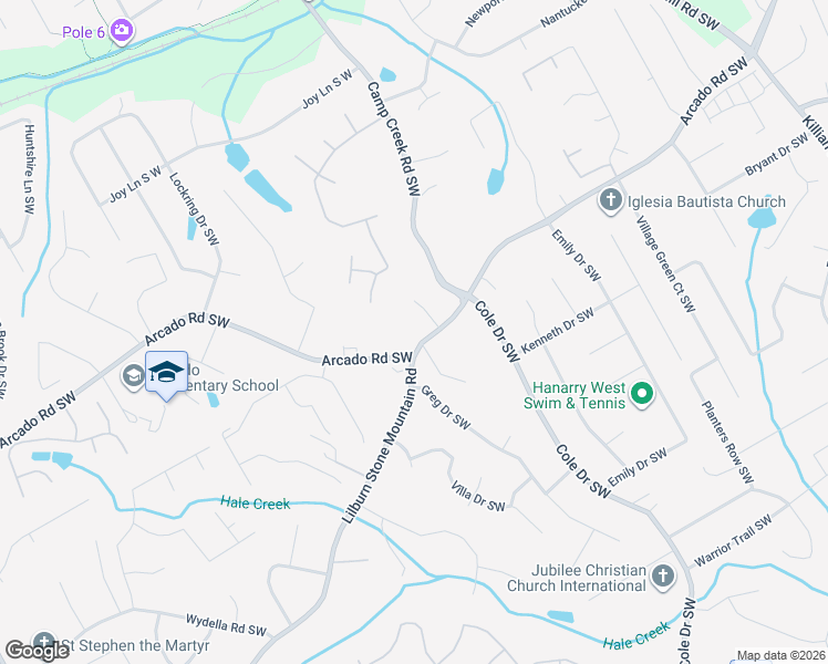 map of restaurants, bars, coffee shops, grocery stores, and more near 4881 Arcado Road Southwest in Lilburn