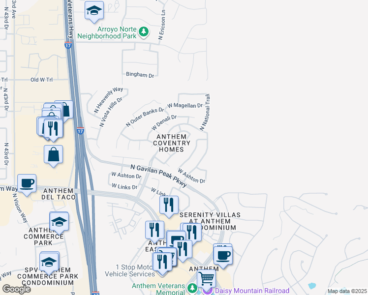 map of restaurants, bars, coffee shops, grocery stores, and more near 42937 North Voyage Trail in New River