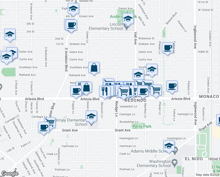 map of restaurants, bars, coffee shops, grocery stores, and more near 2113 Mathews Avenue in Redondo Beach
