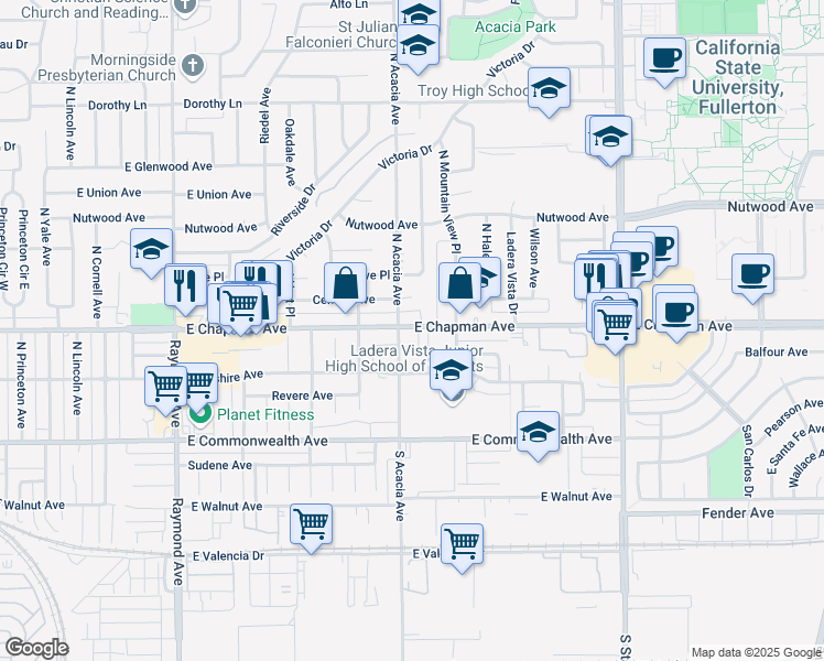 map of restaurants, bars, coffee shops, grocery stores, and more near 1250 East Chapman Avenue in Fullerton