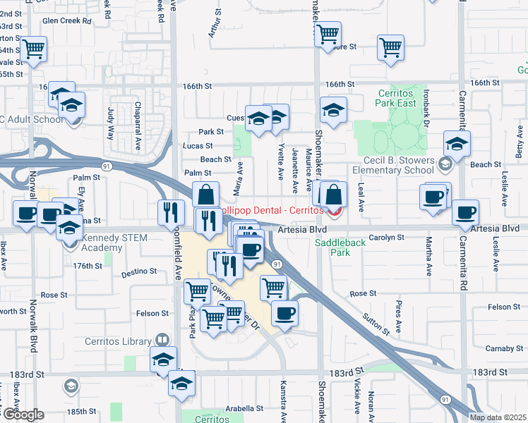 map of restaurants, bars, coffee shops, grocery stores, and more near 17325 De Groot Place in Cerritos