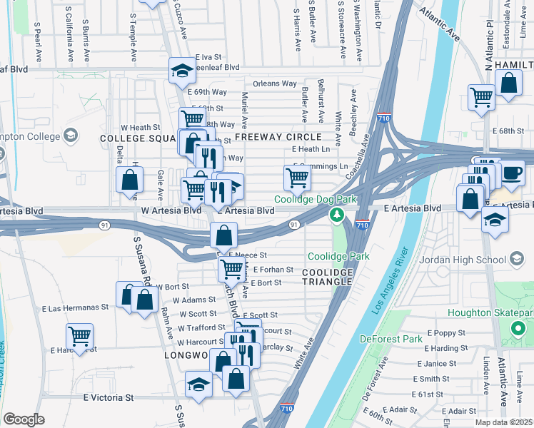 map of restaurants, bars, coffee shops, grocery stores, and more near 255 East Artesia Boulevard in Long Beach